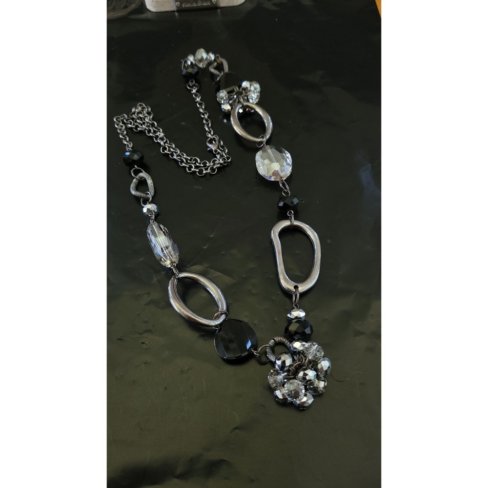 Vintage Black Clear Crystal Bead Chunky Link Statement Necklace 26in 63g